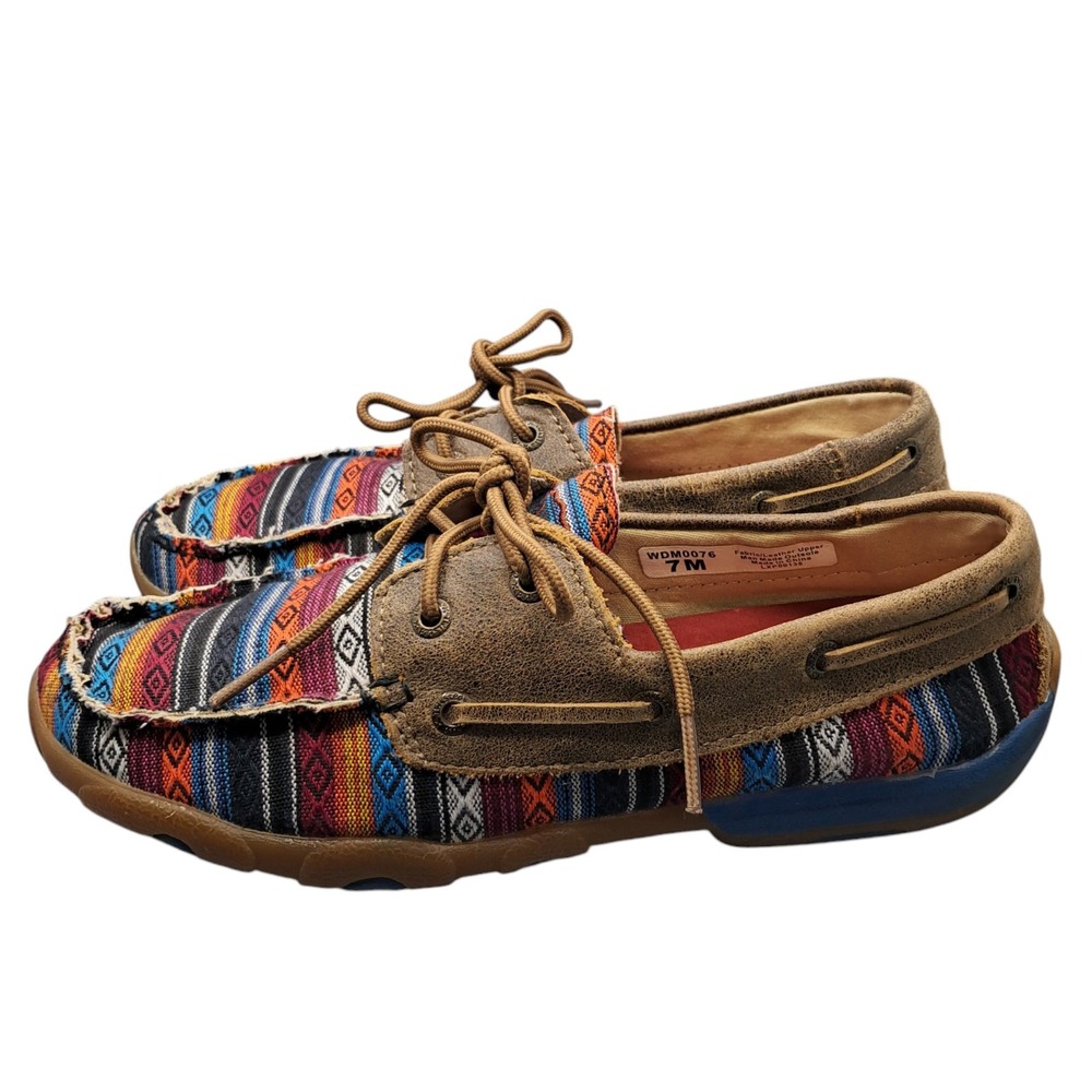 Twisted X Women's 7 Driving Mocs Boat Shoes Tan Multicolor Aztec Slip On - Picture 2 of 10